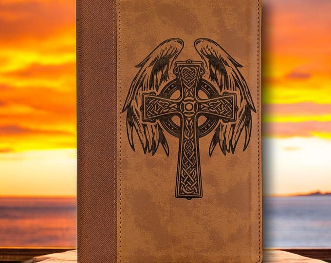 Personalized Large Print NIV Bible | Laser Engraved Celtic Cross & Angel Wings | Custom Name Unique Bible Gift
