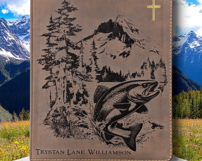 Personalized NIV Journal Bible Engraved Nature and Fish Scene | Custom Name Wide Margin Bible | Hunter and Fishermen Gift | Baptism Gift