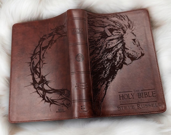 Personalized ESV Laser Engraved Lion and Crown of Thorns Bible | Custom Engraved Large Print | Perfect Baptism Gift and Religious Keepsake