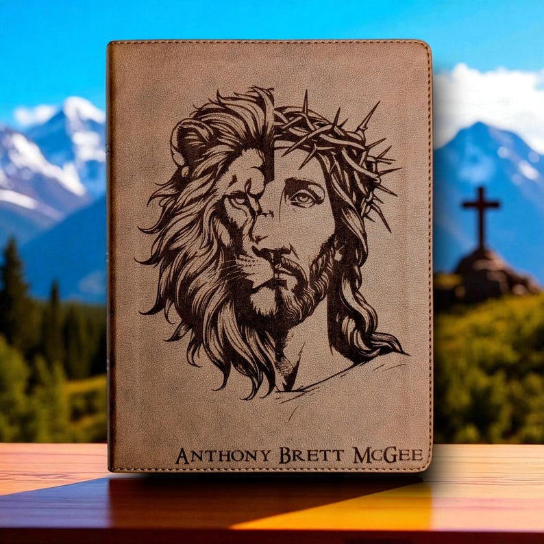 Personalized KJV Bible: Engraved Lion and Jesus, Wide Margin, Brown Leatherlike image 1