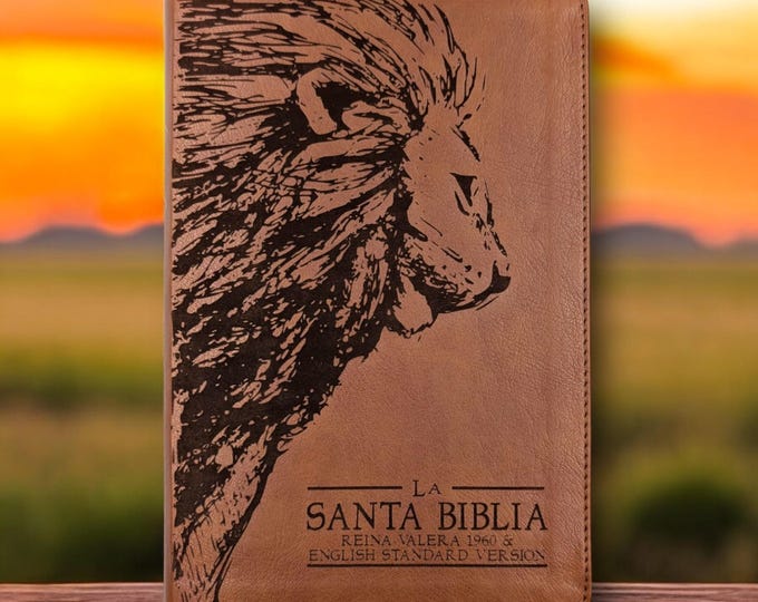 Personalized ESV Spanish English Parallel Lion Engraved Bible | La Santa Biblia RVR The Holy Bible ESV | Custom Engraved Spanish Bible