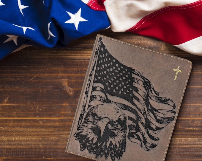 Personalized NIV Journal Bible | American Flag and Eagle Engraved Bible | Custom Journal Bible | Laser Custom Engraved Bible | Baptism Gift