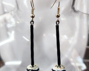black and white stripes long bead drop earrings, dangles handmade  jewelry