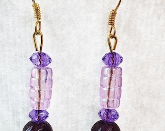 purple glass bead drop earrings, dangles, handmade  beaded jewelry