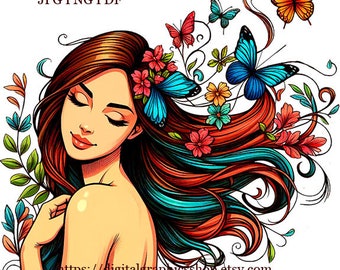 beautiful woman with butterflies png clipart, spring flowers png jpg PDF printable COLOR ILLUSTRATION art digital download