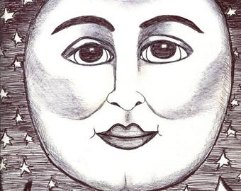 original art drawing happy moon man star faces celestial fantasy fairytale whimsical art