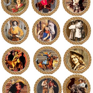 cowgirls rope lasso frames art collage sheet 2.5 inch circle clipart digital download printable images rodeo country western art
