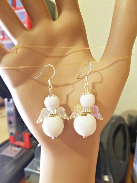 Guardian Angel earrings, white earrings, big Bead earrings, dangle, drops, plastic, wood, handmade jewelry