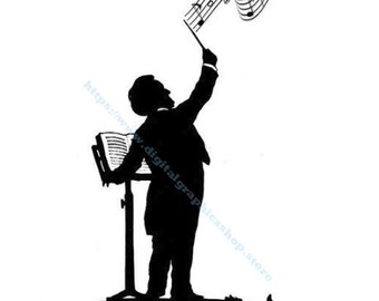 music conductor, musical staff notes, printable art, symphony clipart png, jpg, instant download, digital print, silhouette art template