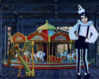 abstract circus freaks printable art, clown woman, skeleton playing harp, carousel, jpg, digital print, instant download