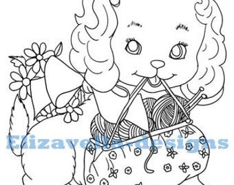 puppy dog art, knitting yarn and needles, kids coloring, adult coloring page, printables, line art, digital prints, instant download