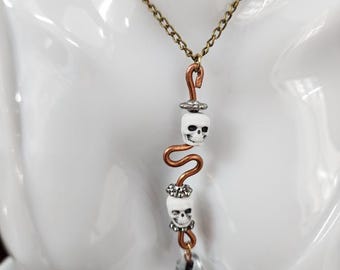 copper wire skull bead NECKLACE bronze long chain handmade jewelry