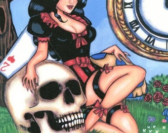 Gothic Alice In Wonderland art print pinup girl original artwork skull fantasy goth sci fi dark fairy tales