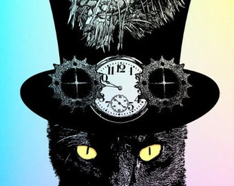 Mad Hatter Cat fine art print, cat digital print animals, alice in wonderland, steampunk hat art print, birds nest, Anthropomorphic