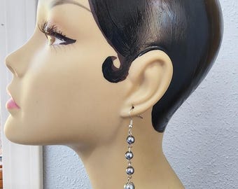 silver pearl glass bead drop earrings long dangles handmade jewelry
