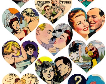 Vintage retro lovers couples art heart shapes digital collage sheet printable clipart png instant download image die cuts graphics cut outs