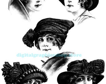 vintage 1920s flapper girls hats fashion printable art png jpg clipart digital print instant download