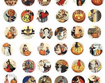 collage sheet halloween 1 inch circles vintage postcard art clipart digital download diy jewelry printables