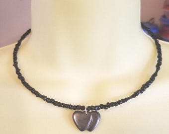 black stone hearts seed bead necklace, hematite pendant, beaded wire choker, goth bead necklace