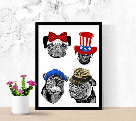 pug dogs wearing hats and bow printable art, collage sheet, digital print, instant download, animal die cuts, pet portraits
