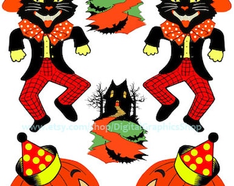 dancing black cat, pumpkin, haunted house, die cuts, halloween cut outs, digital collage sheet, clipart png, instant download, printables