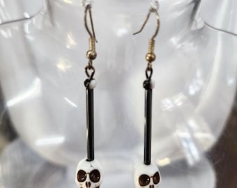 white sugar skull bead earrings long dangles day of the dead goth handmade jewelry