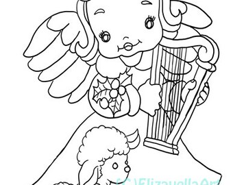 little angel girl with harp and baby lamb Printable Adult Coloring Page Coloring book page for adults & kids Coloring sheets designs