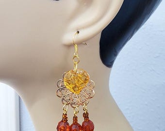 brown earrings, yellow leaf charms, bead drops, chandelier earrings, handmade jewelry
