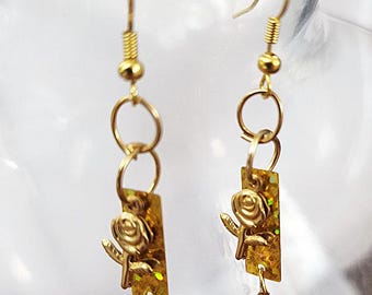 golden brass rose and leaf charm sequin dangle earrings handmade jewelry