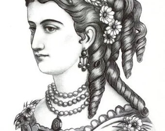 victorian Womans face ink drawing original art, curly hair do, portrait  drawings, outsider artwork Elizavella