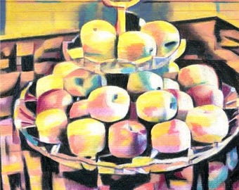 fruit bowl apples abstract drawing cubist original colored pencil art still life