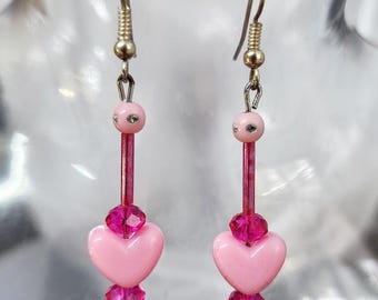 pink heart glass bead drop earrings handmade jewelry
