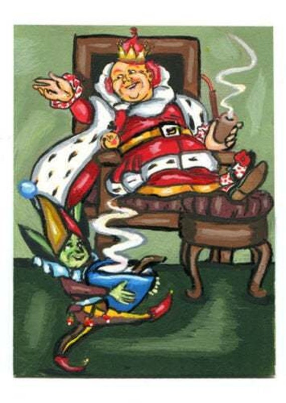 Jolly King and Elf Friend original aceo atc art fairytale painting miniture