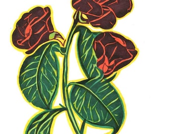 original drawing red roses green leaves flowers abstract art ink markers modern minimal artwork