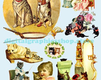 vintage kitty cats  kittens, digital print, collage sheet, instant download, animal clipart, pets, die cuts printable, junk journal