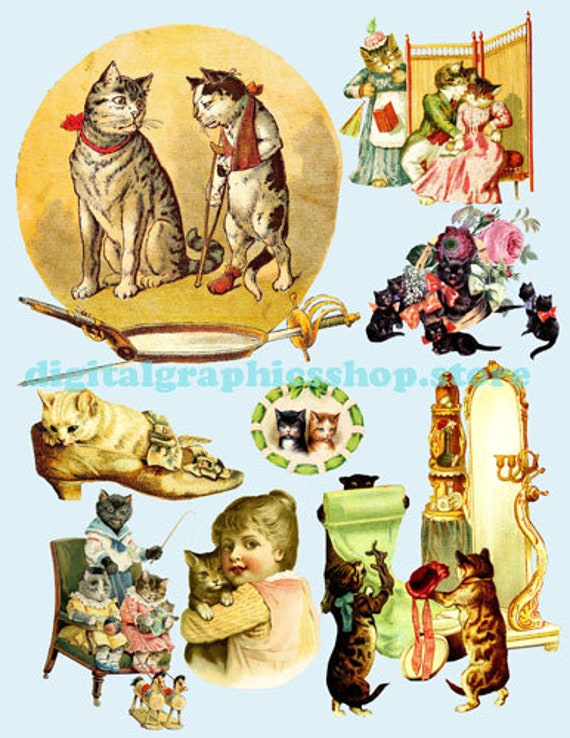 vintage kitty cats  kittens, digital print, collage sheet, instant download, animal clipart, pets, die cuts printable, junk journal