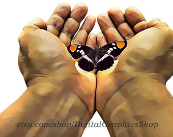 mans hand holding butterfly png overlay, clipart, printable art, jpg instant download, digital painting image to print