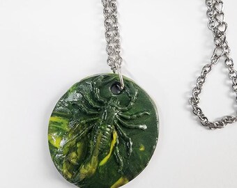 green handmade clay scorpion round medallion pendant necklace silver tone chain handmade scorpio jewelry