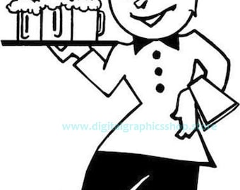 waiter serving beer printable art booze alcohol clipart png jpg svg vector instant download digital retro cartoon transfer image