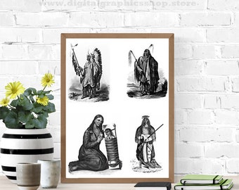 native american indian people collage sheet vintage printable art, women men, instant download, clipart png, digital prints, junk journals