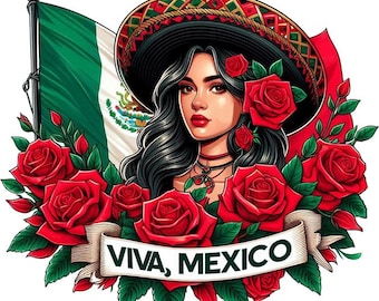 Mexican woman Viva Mexico flag png clipart, woman wearing sombrero hat png jpg portrait COLOR ILLUSTRATION art digital print download