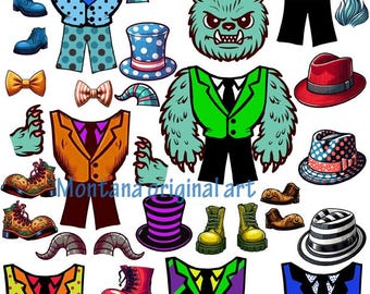hairy green monster man paper doll with clothes collage sheet, digital download, kids printable craft cut outs