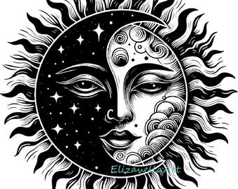 sun moon face png, jpg printable celestial art ink drawing clipart instant download, digital print