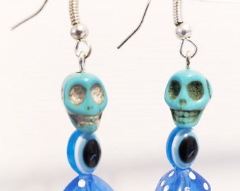 blue sugar skull evil eye dice earrings dangles day of the dead goth casino gambling jewelry