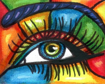 womans eye aceo art original drawing, rainbow colors miniature artwork
