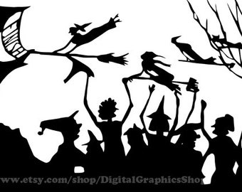 witches broom race, halloween silhouette, printable art, fantasy fairytale clipart, png, svg vector, instant download, digital prints