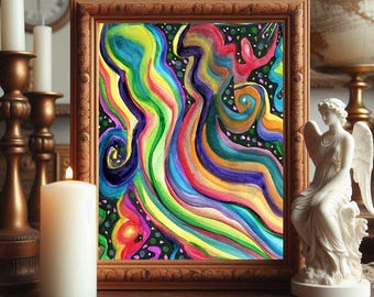 Abstract art original watercolor painting rainbow rider modern colorful artwork By Elizavella