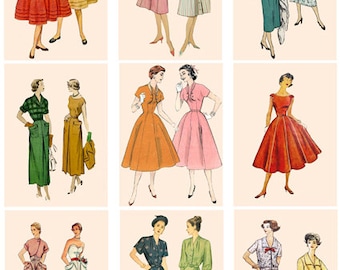 1950s womens fashion dresses instant download patterns art clipart, aceos Digital Collage Sheet, 2.5" x 3.5" inch printables