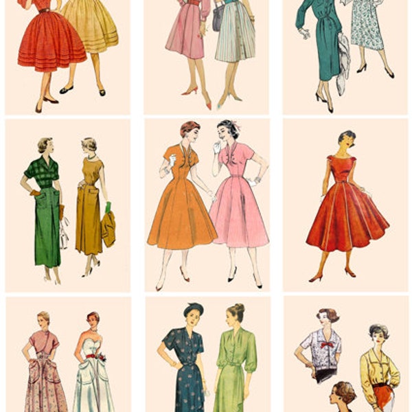 1950s womens fashion dresses instant download patterns art clipart, aceos Digital Collage Sheet, 2.5" x 3.5" inch printables