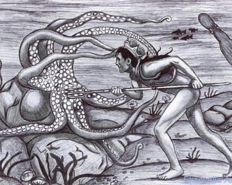 King Neptune original ink drawing hand drawn art sea Monster fantasy mythology illustration